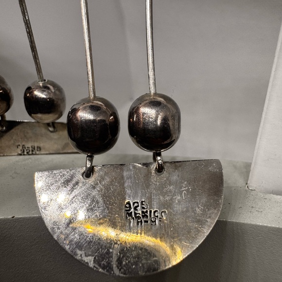 Vintage Taxco earrings sterling silver dangle pendulum onyx modernist - Picture 5 of 13